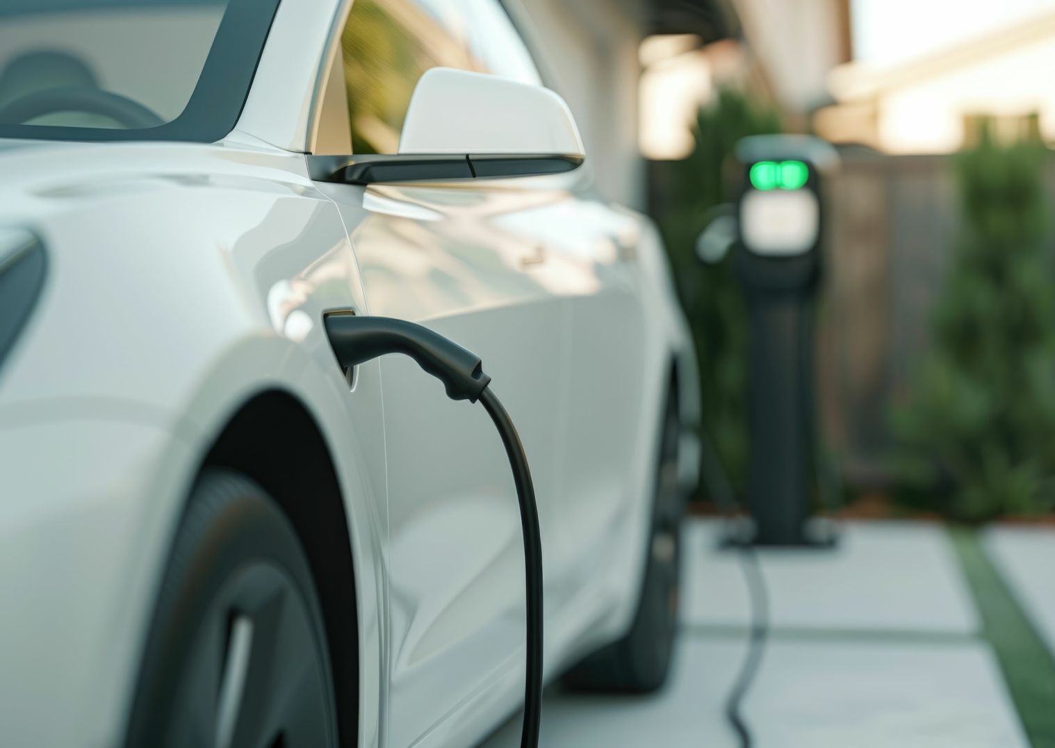 Voiture électrique blanche en charge sur une borne de recharge domestique. Le chargeur est branché et la borne est allumée en vert.