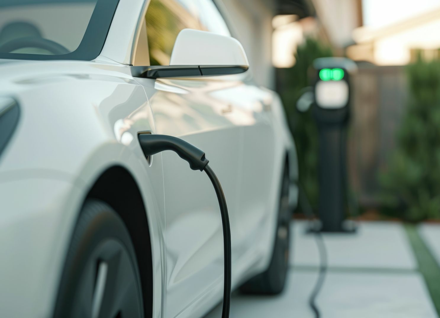 Voiture électrique blanche en charge à partir d'une borne de recharge domestique à l'extérieur d'une maison.