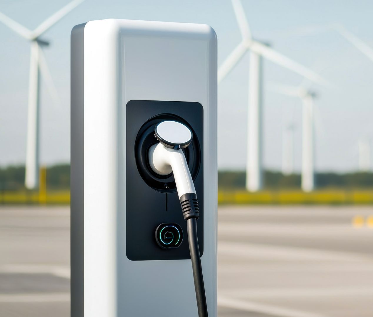 Borne de recharge pour véhicule électrique avec câble de recharge, éoliennes en arrière-plan.