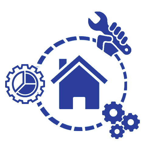 a blue icon of a house surrounded by gears and a wrench .