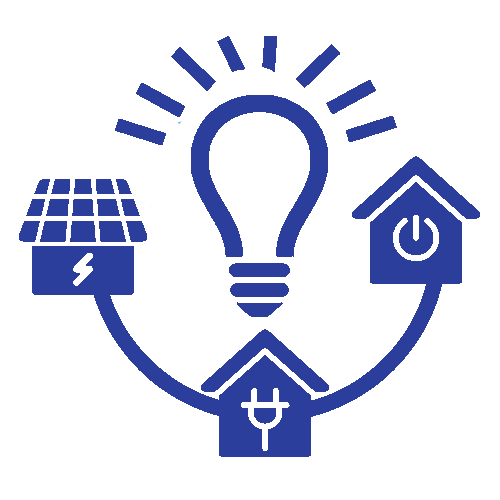 Une icône bleue représentant une ampoule, des panneaux solaires et des maisons.