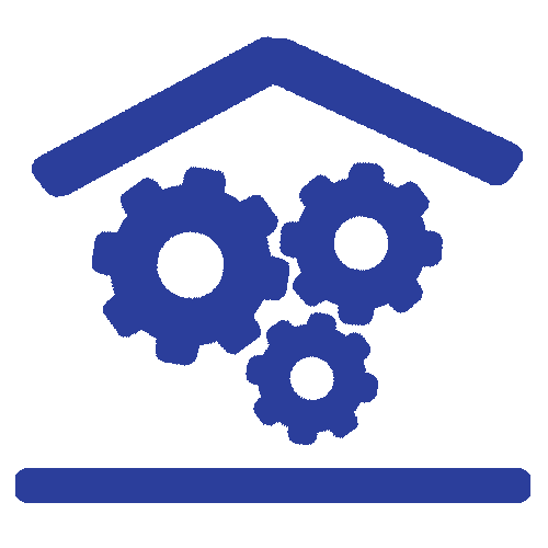 a blue icon of a house with gears inside of it .