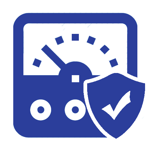 Une icône bleue représentant un compteur de vitesse et un bouclier avec une coche dessus.