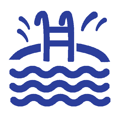 a blue icon of a swimming pool with waves and a ladder .