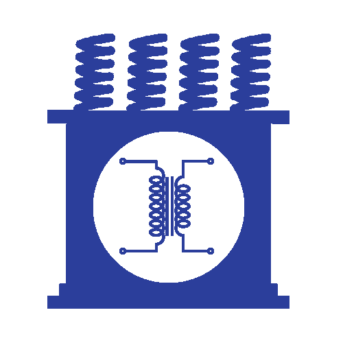 Une icône bleue et blanche d'un transformateur sur fond blanc.