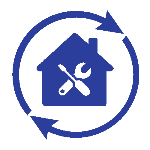 a blue icon of a house with a wrench and screwdriver in a circle .