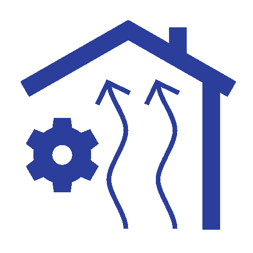 a blue icon of a house with arrows and a gear .