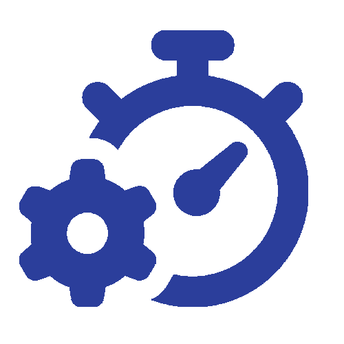Une icône bleue d'un chronomètre et d'engrenages sur fond blanc.
