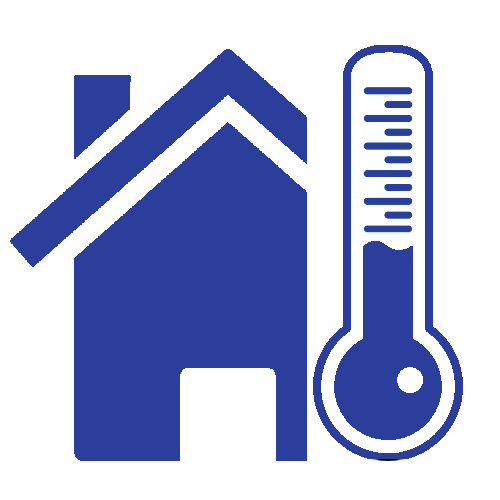 a blue icon of a house with a thermometer next to it .