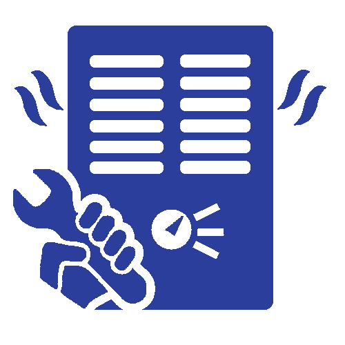 a blue icon of a hand holding a wrench in front of a machine .