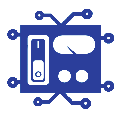 a blue icon of a robot with a remote control and buttons .