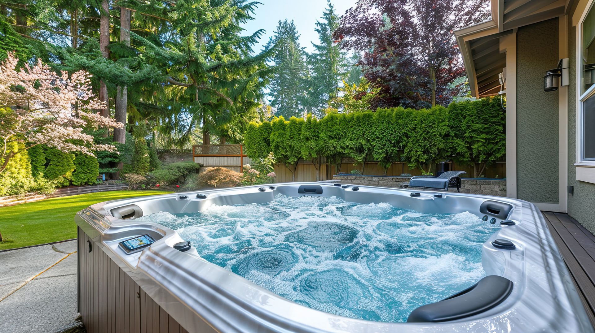 There is a hot tub in the backyard of a house.