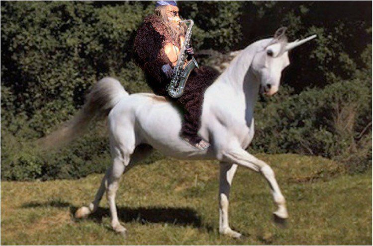 saxsquatch sitting on a unicorn image links to facebook event for concert and tickets