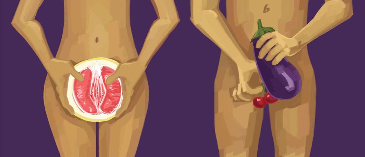 Nude cartoon bodies with fruits covering body parts