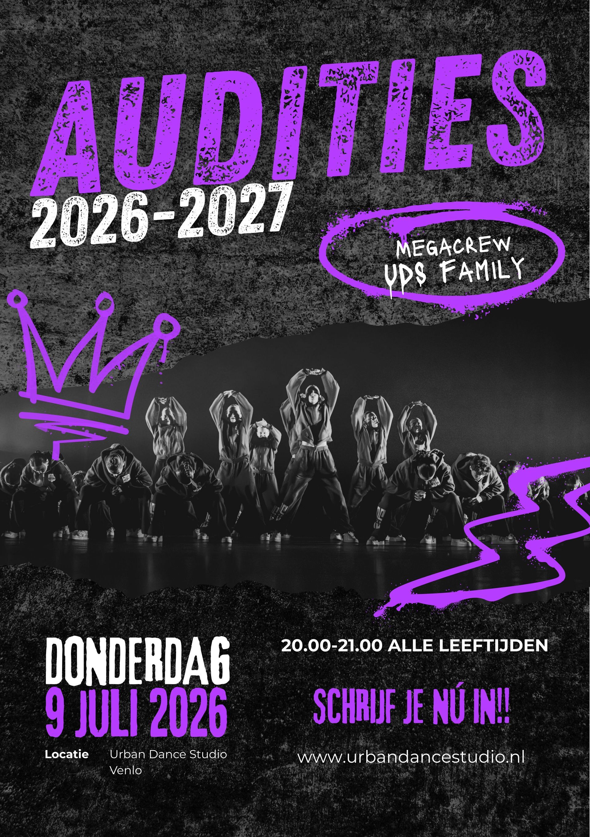 Purple-and-black Audities 2026-2027 event poster with date, time, and