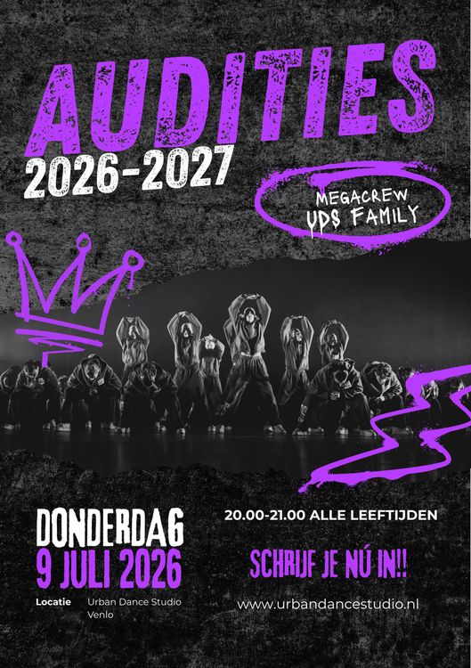 Purple-and-black Audities 2026-2027 event poster with date, time, and 