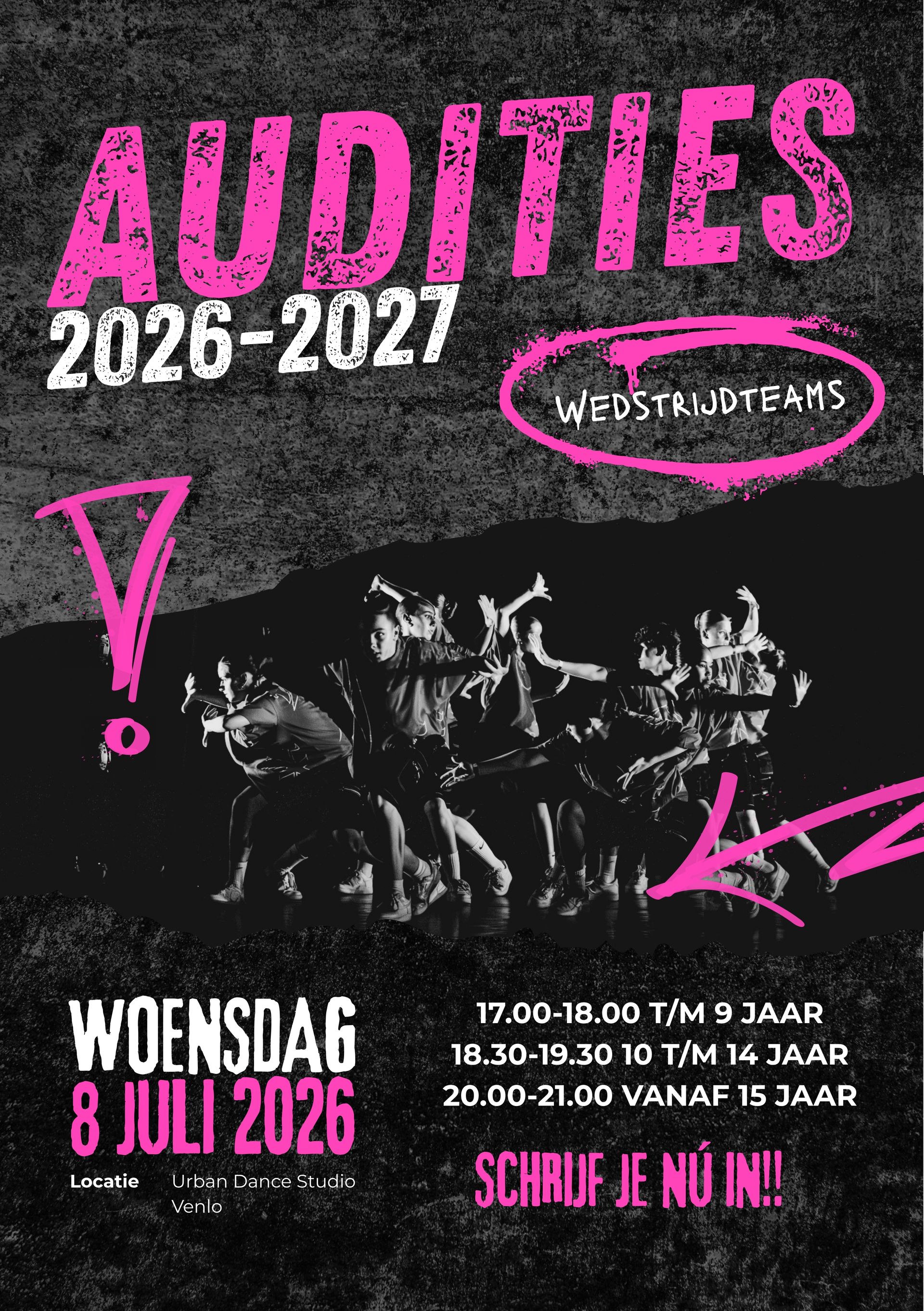 Roze-zwarte auditieposter voor WestSideToys, met data, tijden en leeftijdsgroepen in het Nederlands.