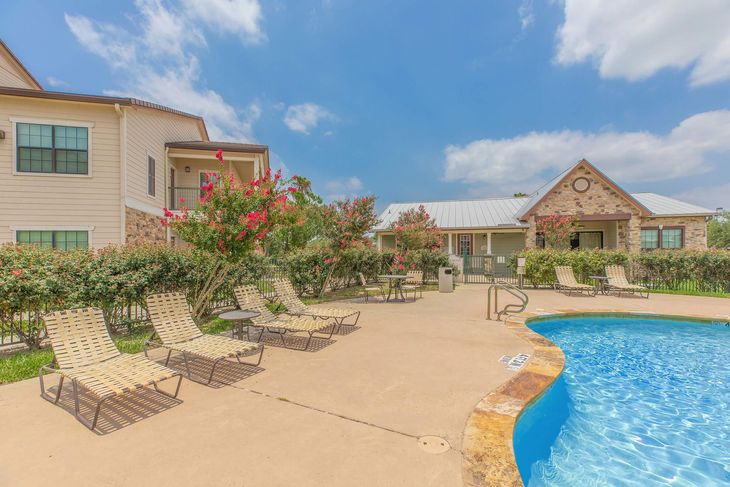 Pool area with lounge chairs, blooming bushes, and a building under a blue sky.