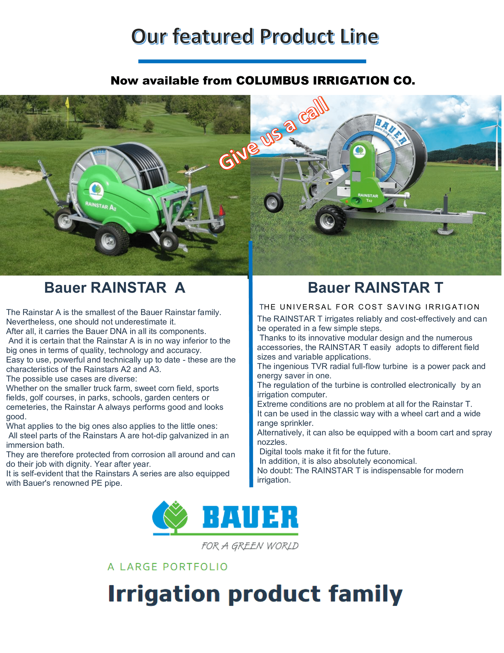 A brochure for a bauer irrigation product family.