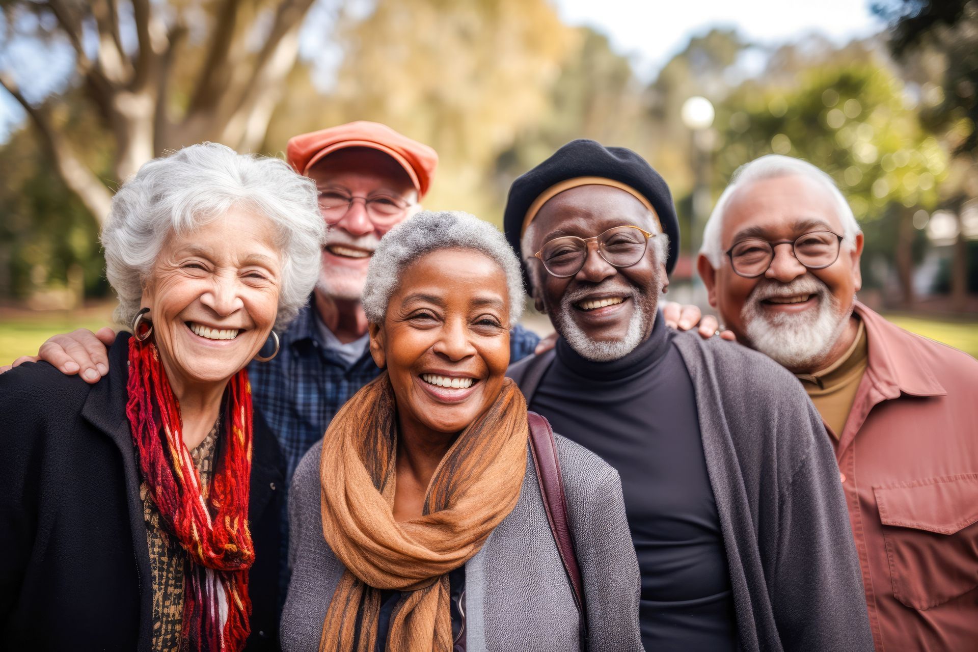 A group of elderly people are posing for a picture in a park.