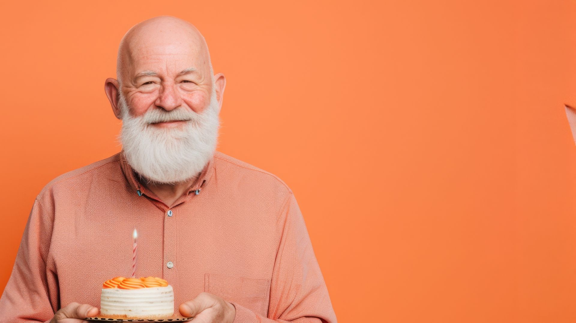 An elderly man with a beard is holding a birthday cake.