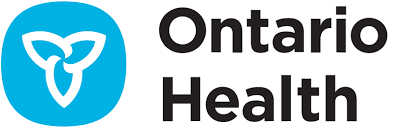 The ontario health logo is a blue circle with a heart in the middle.