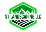 Logo for NT Landscaping LLC: green hexagon with mountains, field, and company name.