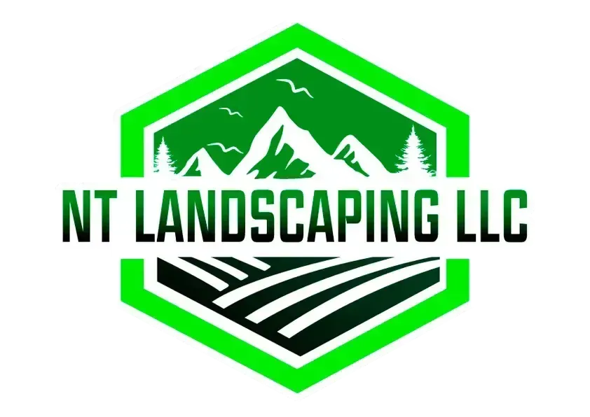 Logo for NT Landscaping LLC: green hexagon with mountains, field, and company name.
