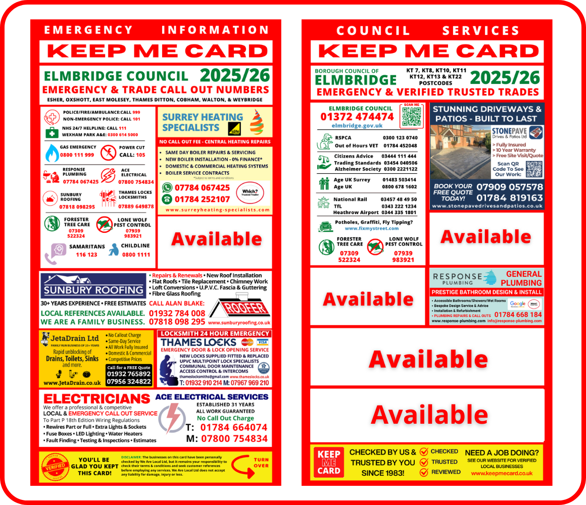 Elmbridge Council Area KEEP ME CARD 2025-26 Availability