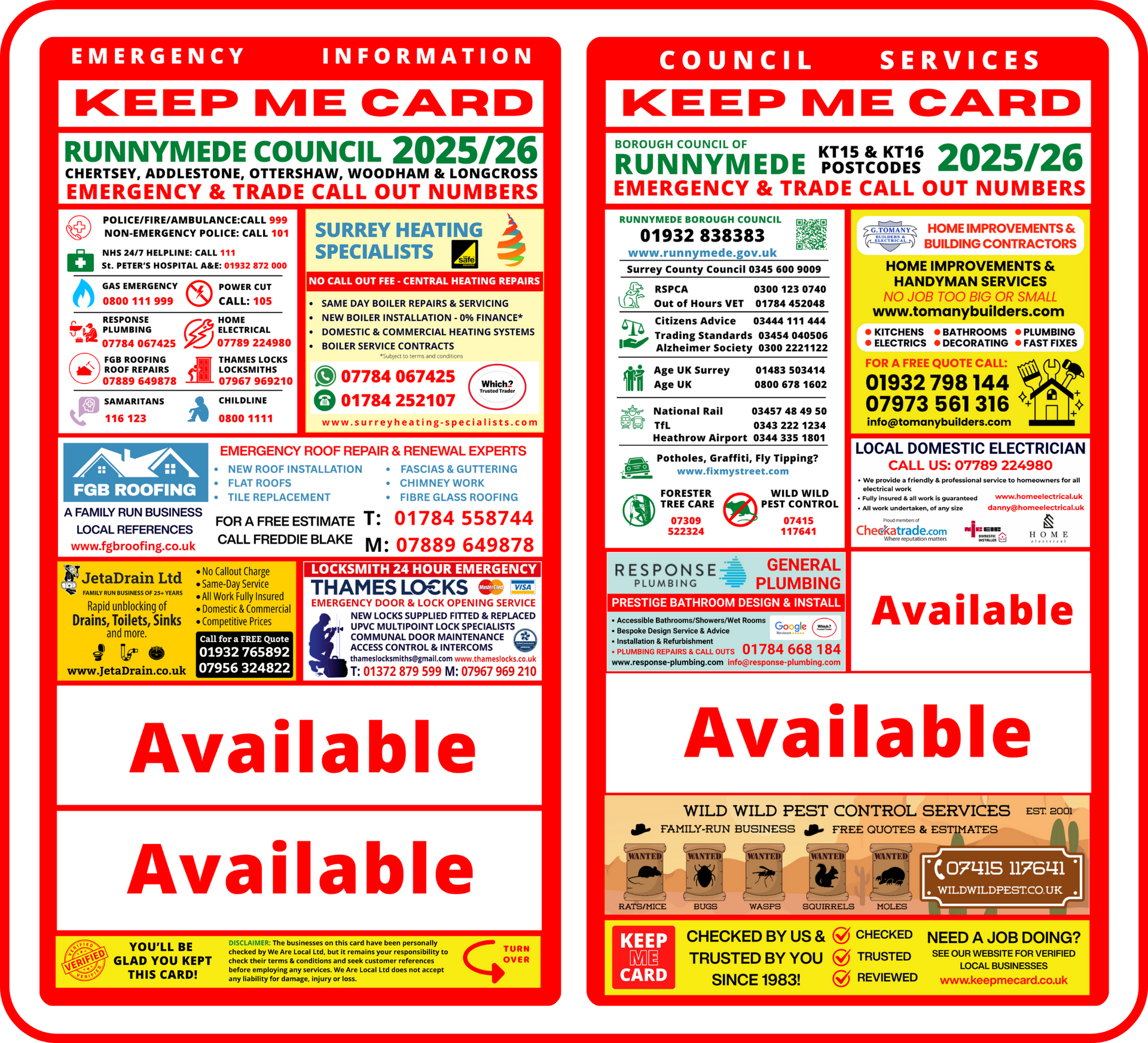 Runnymede - Chertsey Addlestone KEEP ME CARD 2025-26 Availability