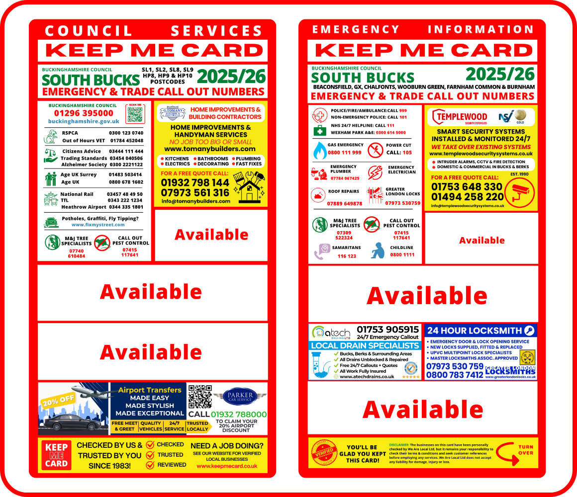 South Bucks 2025-2026 KEEP ME CARD Availabilty
