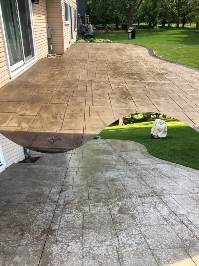 A before and after photo of a concrete patio.