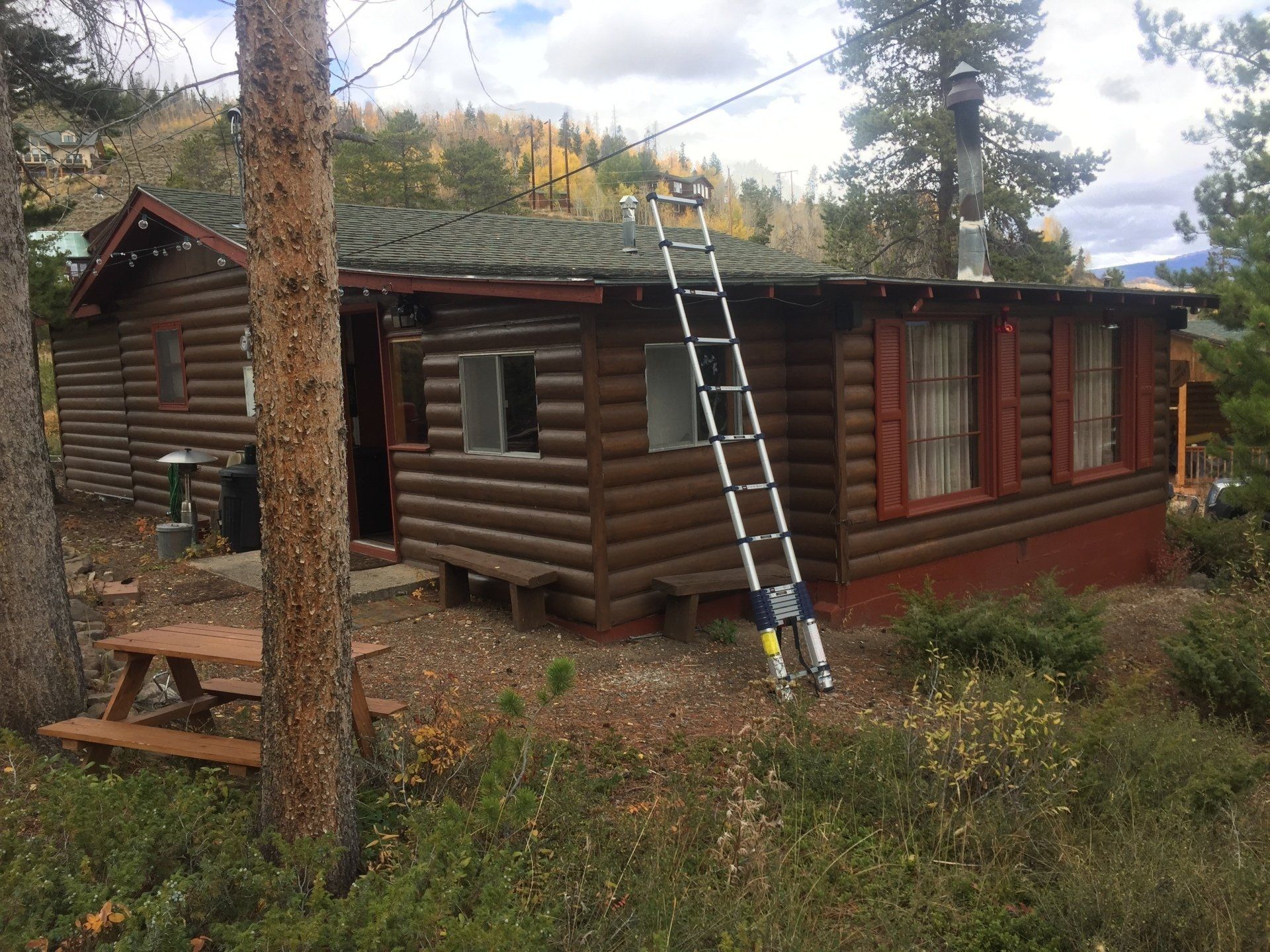 a log cabin with a ladder attached to the side of it .