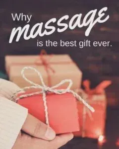 Red gift box held in hand; text