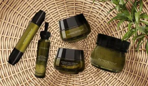 Skincare products in olive green jars and tubes arranged on a woven mat with foliage.
