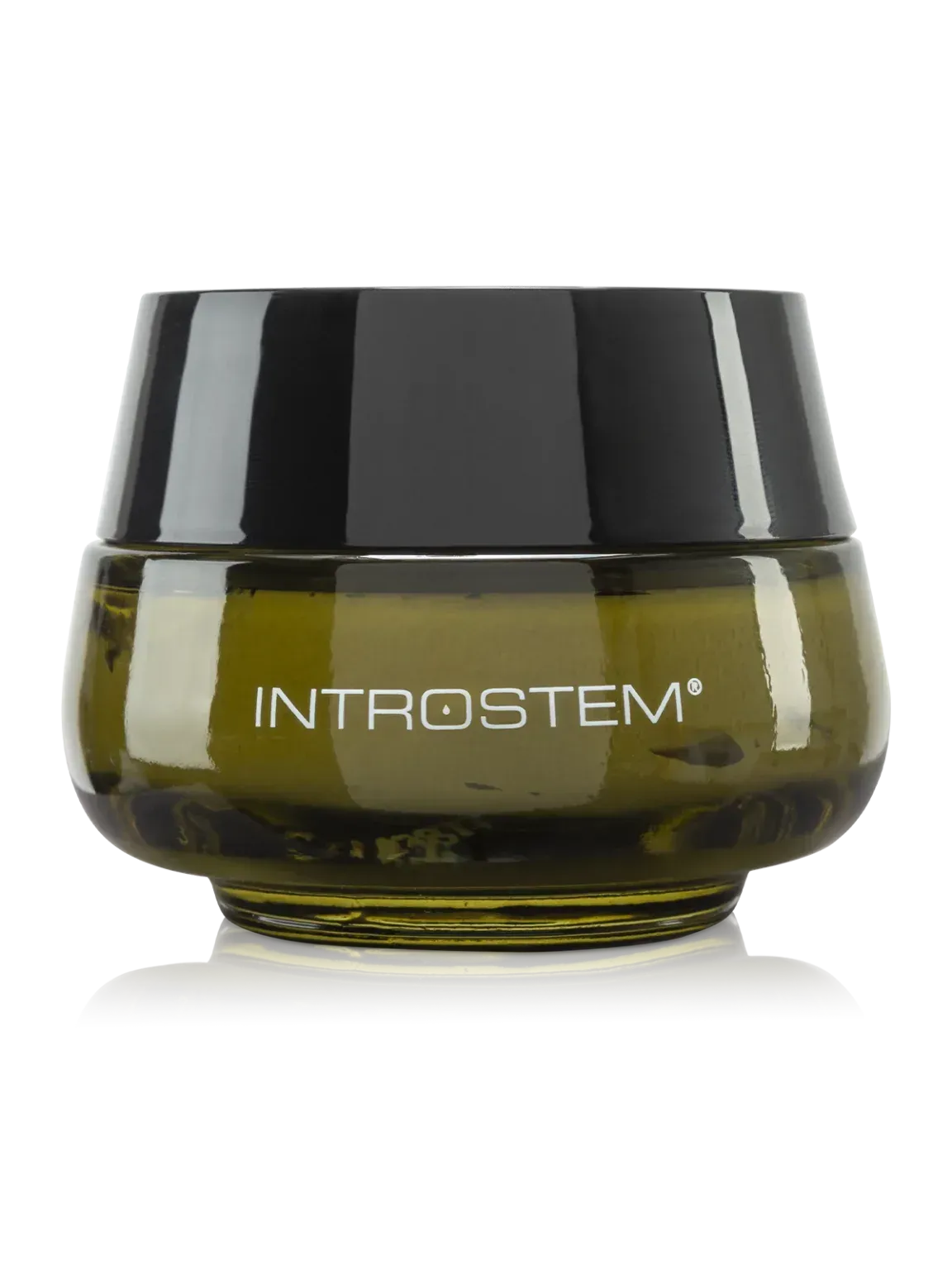 Olive green jar of IntroStem skincare product with black lid.