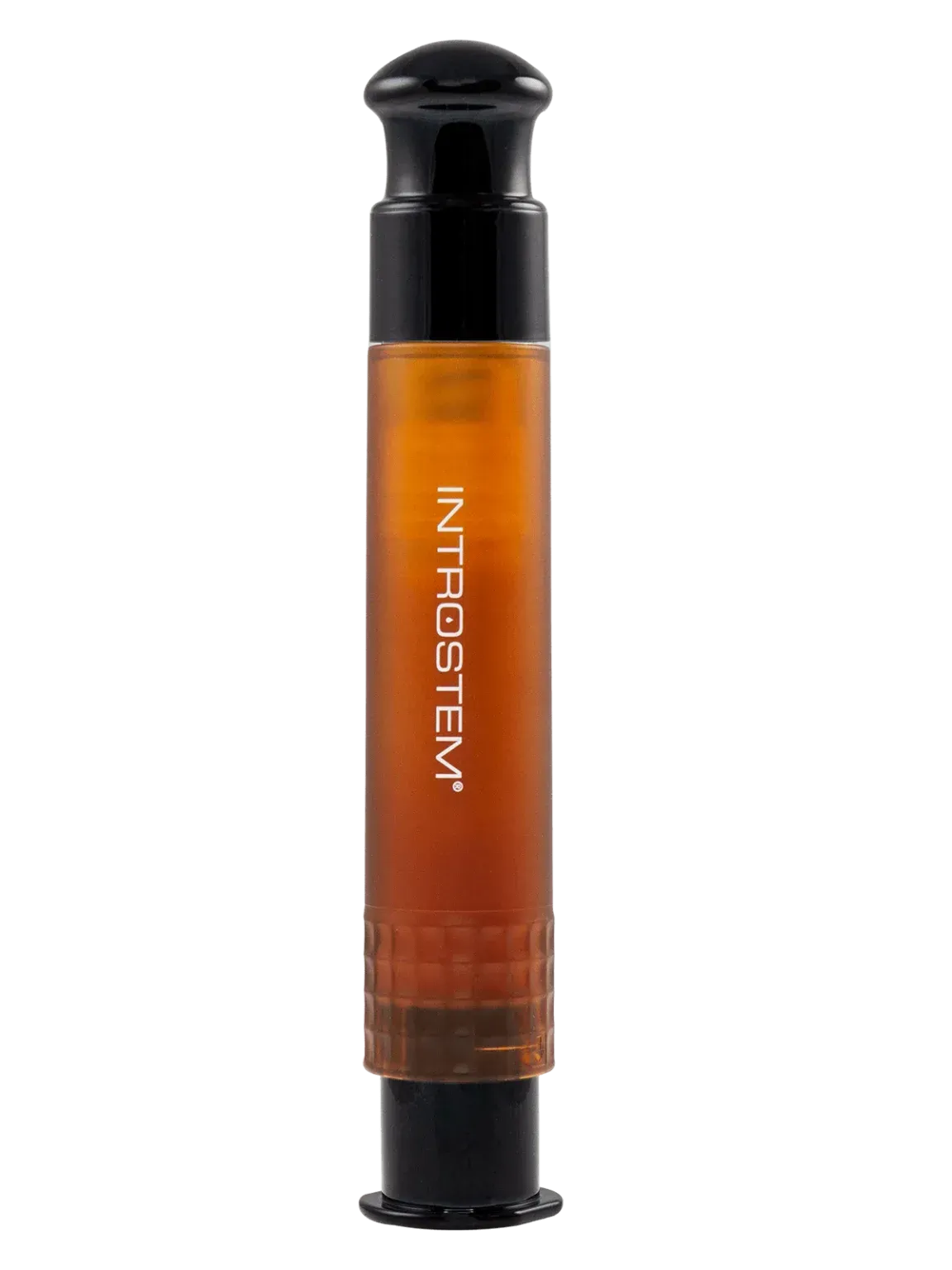 A cylindrical, amber-colored INTROSTEM product with black top and bottom; pump dispenser.