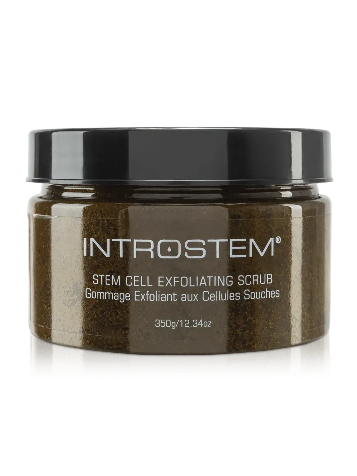 Jar of Introstem Stem Cell Exfoliating Scrub with black lid, brown contents, white label.