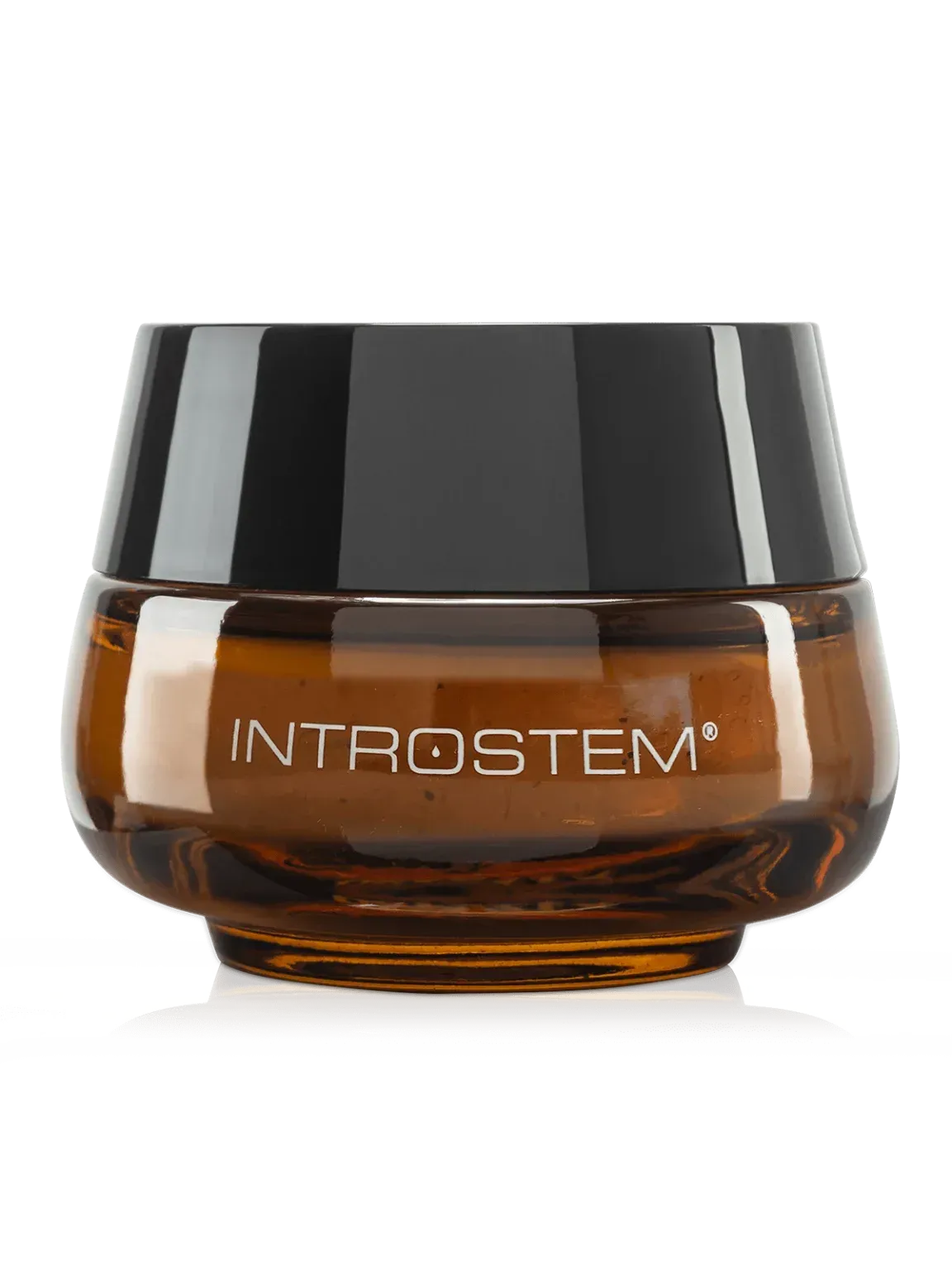 Brown glass jar of Introstem face cream, black lid.