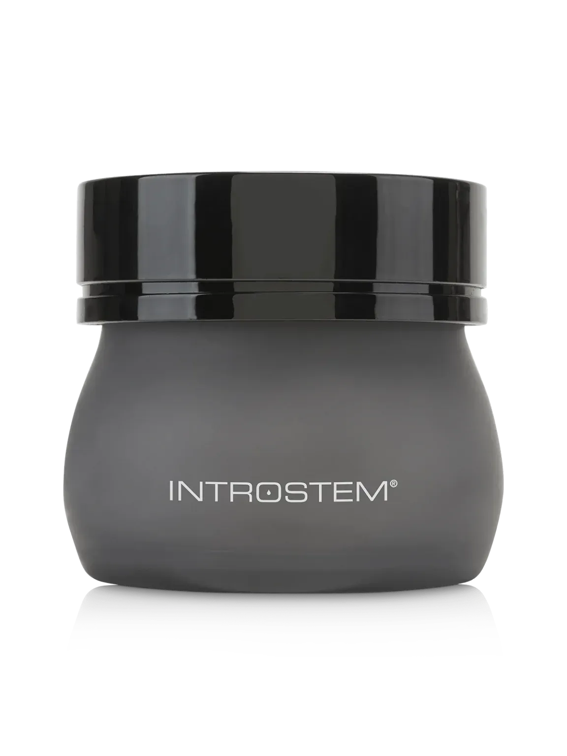 Dark gray jar of Introstem skincare product with black lid.