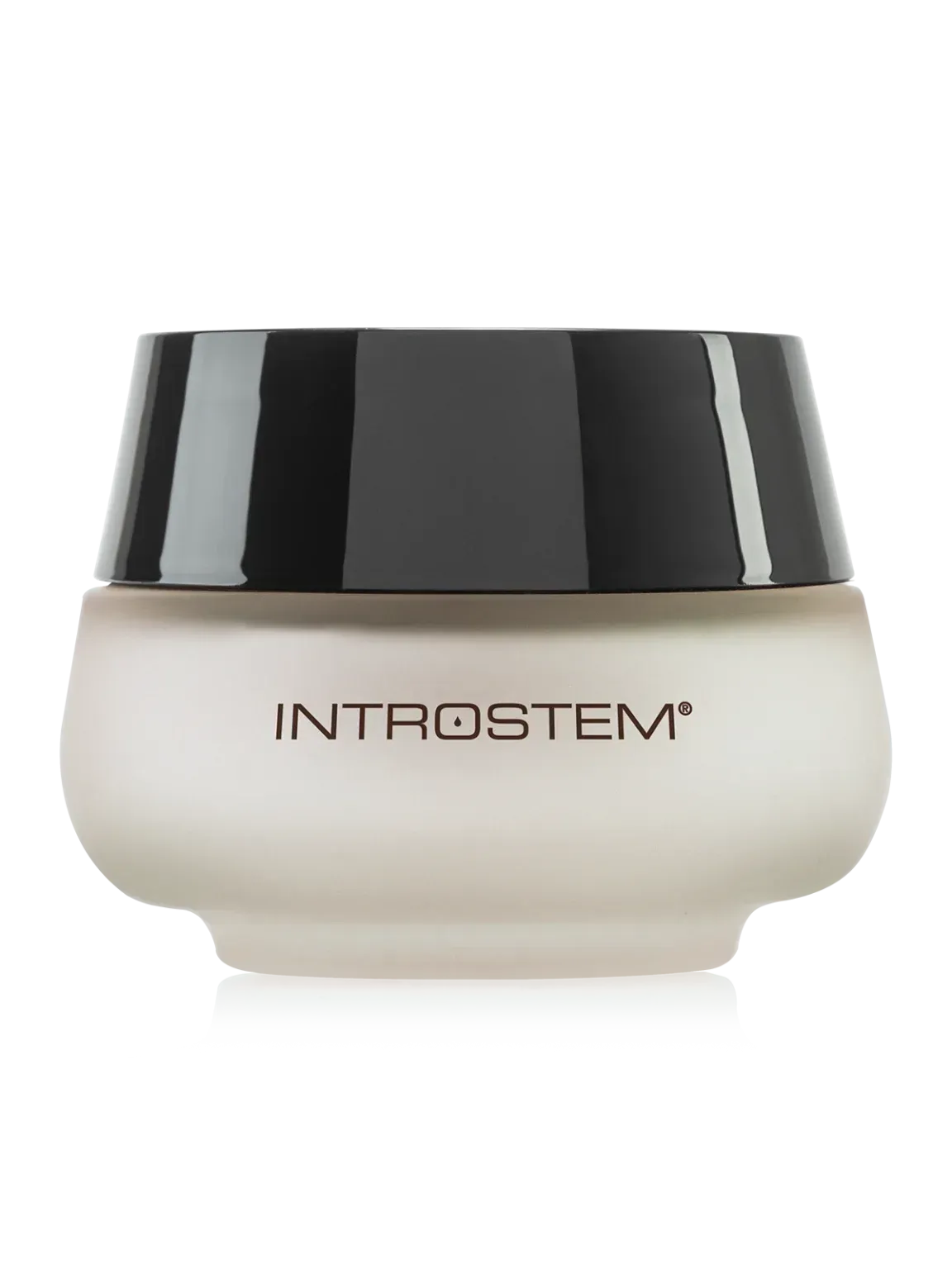 Frosted, white jar of INTROSTEM skincare product with a black lid.