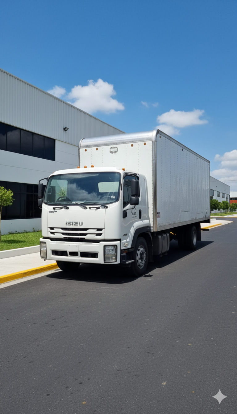 Camión Isuzu blanco estacionado frente a un edificio moderno en un día soleado.