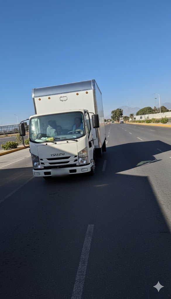 Camión de caja blanca circulando por una carretera pavimentada, con luz solar brillante.