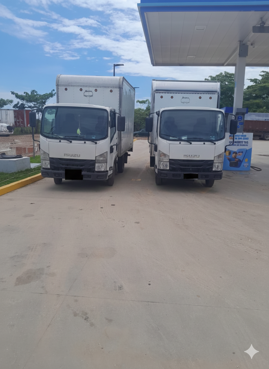 Dos camiones de caja blanca estacionados en una gasolinera bajo un toldo azul.