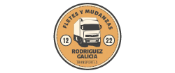 Logo: Brown circular badge with a truck. Text: Fletes y Mudanzas, Rodriguez Galicia Transportes. Numbers: 12, 22.