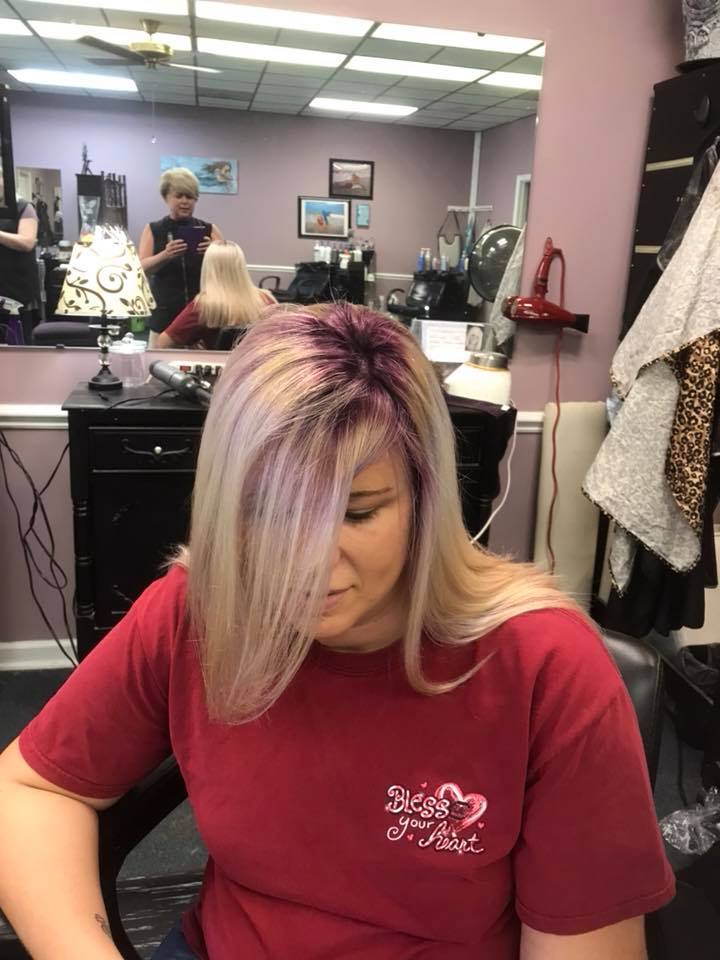 Teri icy blonde with purple roots aerial view