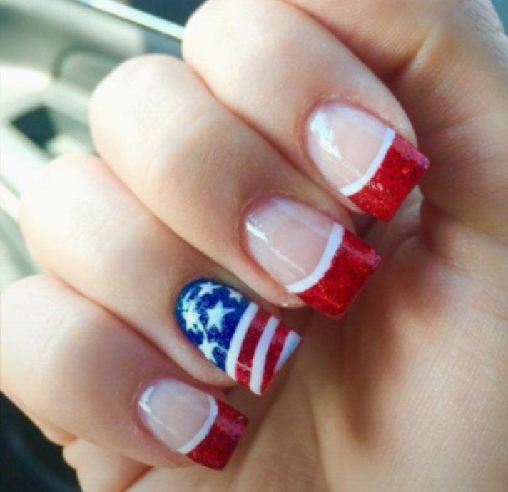 American nails - red glitter tips with american flag design on accent nail
