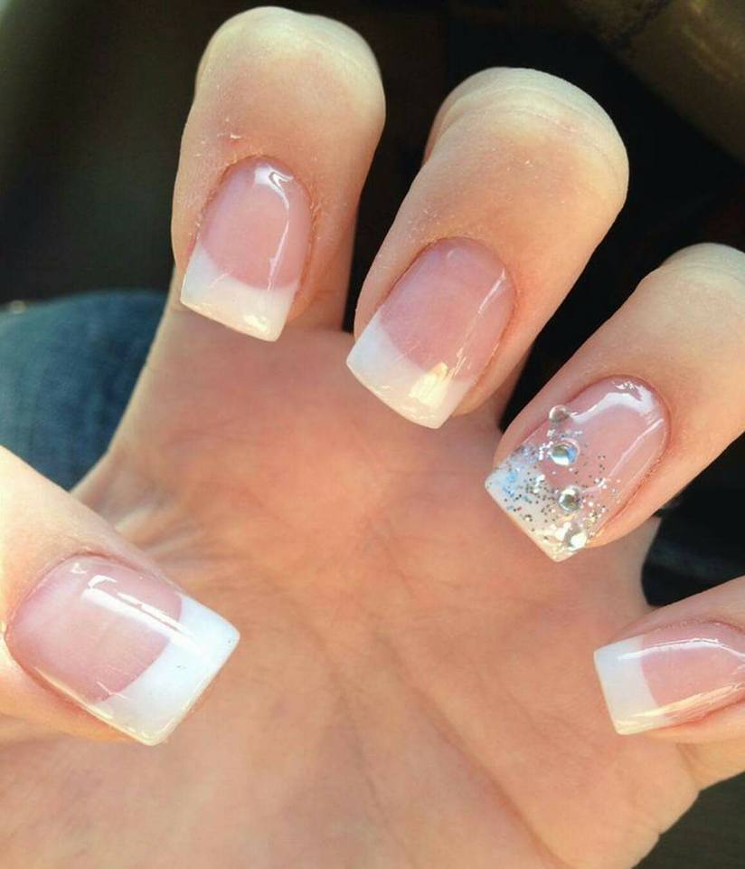 french tip acrylics with ring finger embellishment