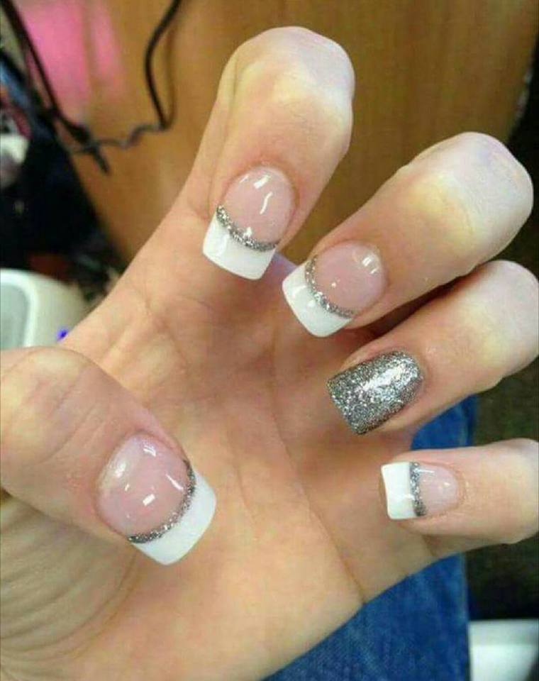 acrylic french manicure with silver glitter accents