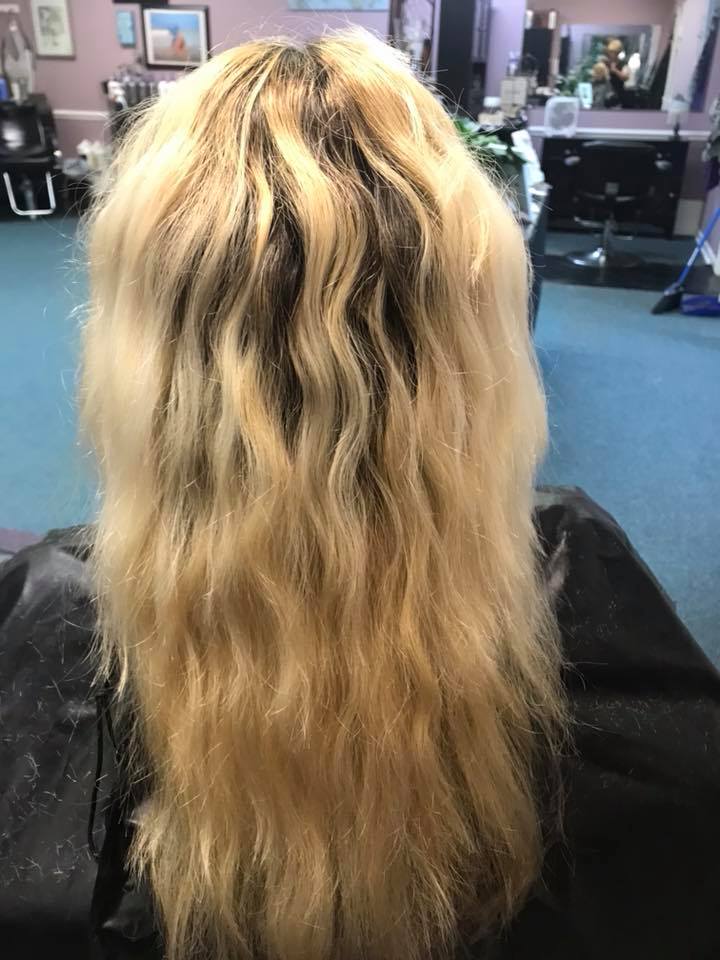 Michelle hair before photo - brassy blonde with dark roots